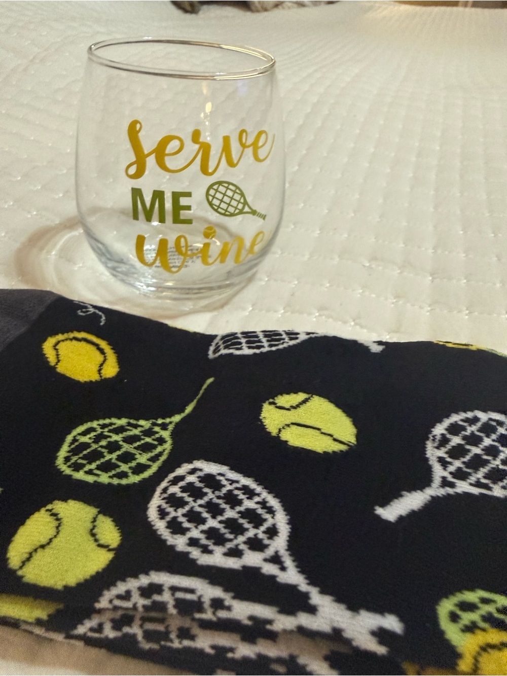 Stemless Wine Glass with Yellow and Green Tennis Design